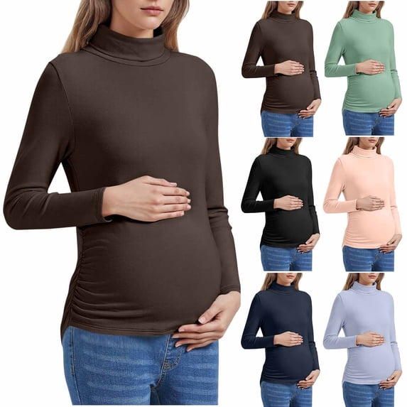 Hinvhai Maternity Long Sleeve Mock Turtle Neck Tops Pregnancy Fall Winter Basic Layering Lightweight Slim Fitted Shirts Sky Blue XL(XL)