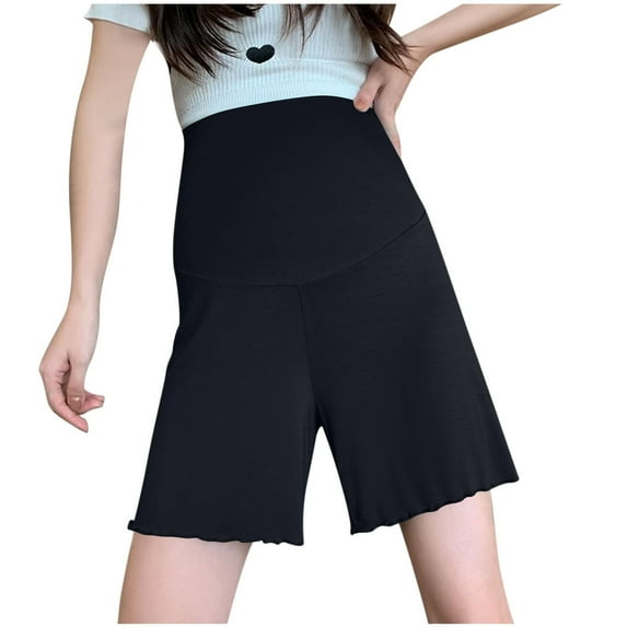 Hinvhai Maternity Shorts Long Maternity Lounge Pants Over the Belly Pregnancy Shorts Black L(L)