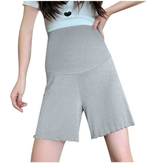 Hinvhai Maternity Shorts Long Maternity Lounge Pants Over the Belly Pregnancy Shorts Gray L(L)