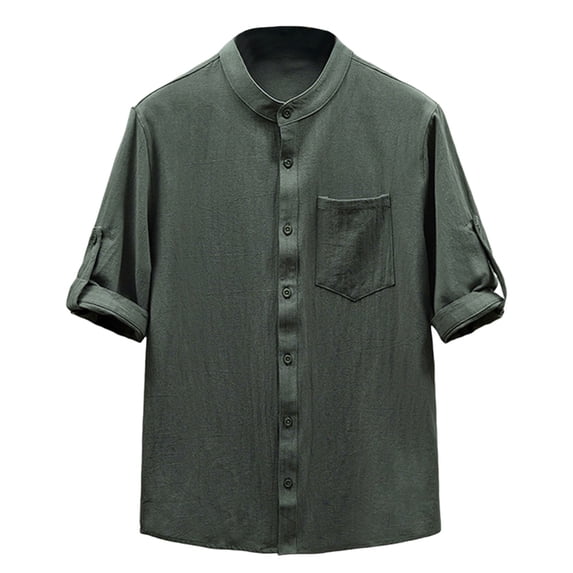 Hinvhai Men 100% Cotton Linen Henley Shirt Casual Short Sleeve Summer T Shirt Pocket Button Tee Top Beach Hippie Shirt Army Green XXXXL(XXXXL)