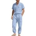 thumbnail image 1 of Hinvhai Men 2 Piece Linen Set Outfits Drawstring Long Pants Button Down Roll Up Sleeve Shirts Beach Wedding Suit Sets Light Blue S(S), 1 of 9