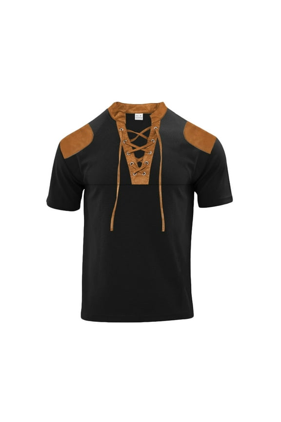 Men Casual Neck Patchwork Short Sleeve Shorts Set Blouse and Shorts Suit Black 12(XXL)