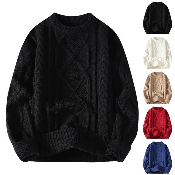 Hinvhai Men Casual Printing Round Neck Solid Color Long Sleeve Striped Knit Sweater White 8(XL)