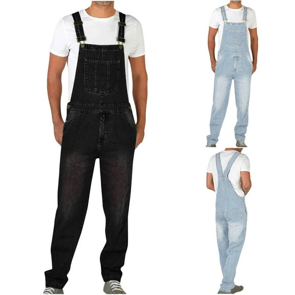 Hinvhai Men Casual Soid Breast Pocket Washed Suspender Long Pants Cargo Pants Light Blue 10(XL)