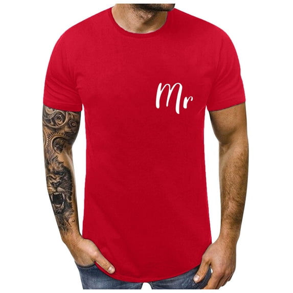 Hinvhai Men Couples Lover Valentine's Day Short Sleeve Letter Print T Shirts Tops Red XXXL(XXXL)