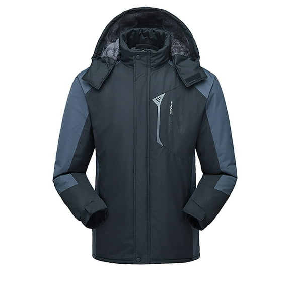 Hinvhai Men Plus Velvet Windbreaker Jacket Stand Collar Hooded Coat Mountain Waterproof Windproof Ski Jacket with Pocket Black 8(L)