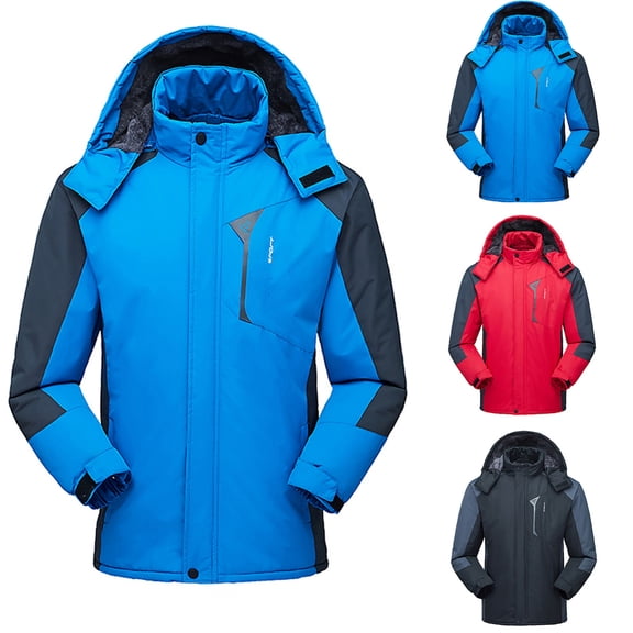 Hinvhai Men Plus Velvet Windbreaker Jacket Stand Collar Hooded Coat Mountain Waterproof Windproof Ski Jacket with Pocket Red 10(XL)