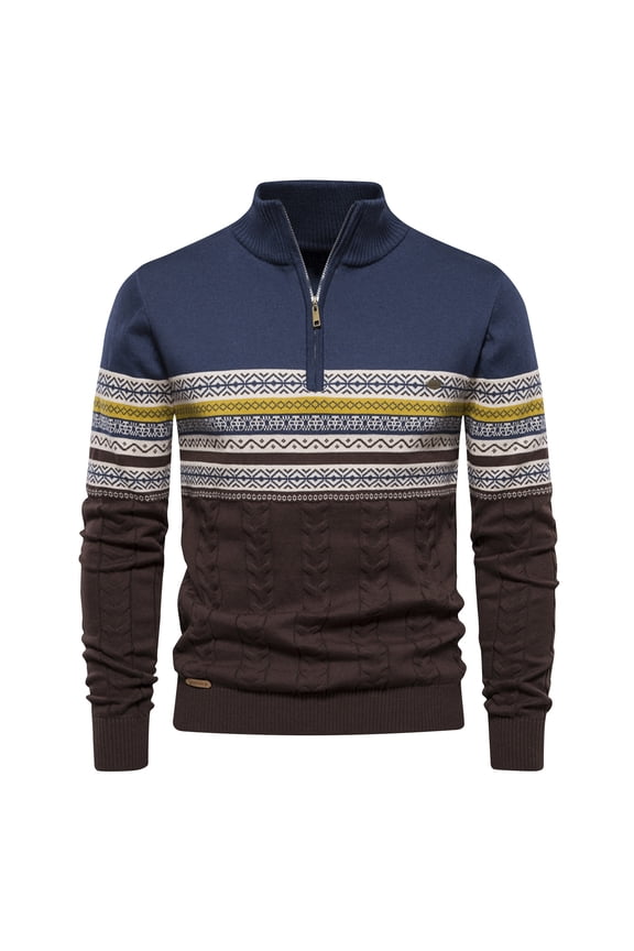 Men Quarter Zip Pullover Sweaters Casual Henry Stand up Collar Knit Sweater Autumn Winter Ethnic Style thermal Top Blue 6(S)