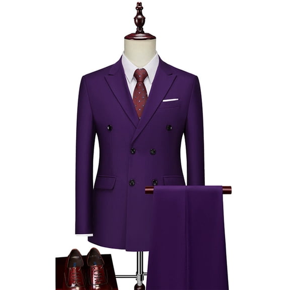 Hinvhai Men’S Luxury Party Attire 2-Piece Double Breasted Blazer & Pants Elegant formal Set Purple M(M)