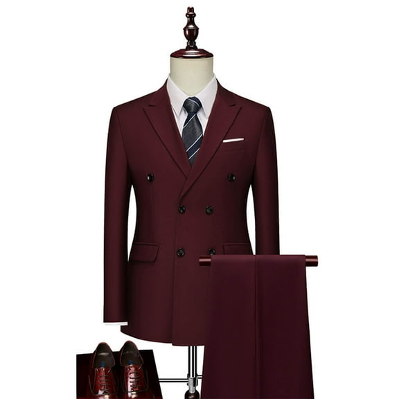 Hinvhai Men’S Luxury Party Attire 2-Piece Double Breasted Blazer & Pants Elegant formal Set Wine M(M)