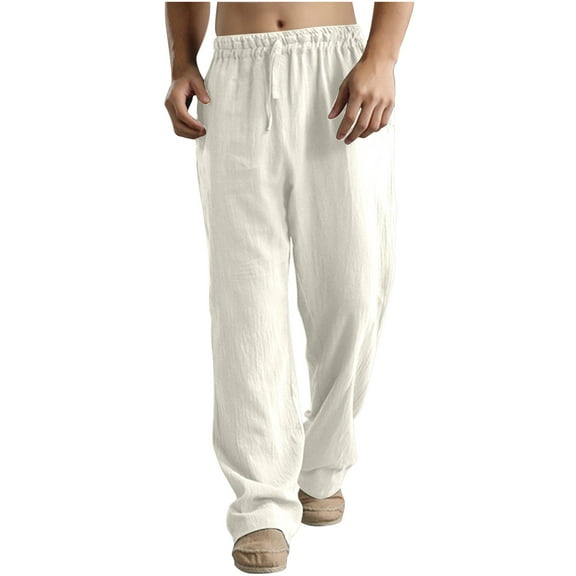 Hinvhai Men Solid Casual Elastic Waistband Pocket Linen Panel Trousers Pants White 10(XXXL)