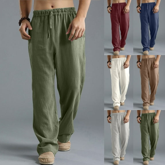 Hinvhai Men Solid Casual Elastic Waistband Pocket Linen Panel Trousers Pants White 8(XL)