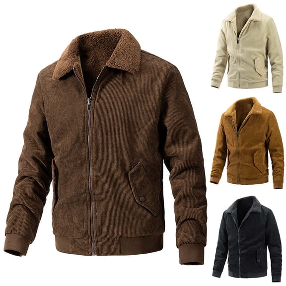 Hinvhai Men Solid Color Plush Lapel Jacket Classic Zipper Pockets Outdoors Long Sleeve Sports Coat Yellow 8(XL)