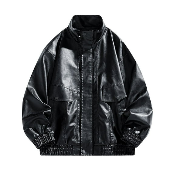 Hinvhai Men Solid Lapel Pu Leather Jacket Zipper Long Sleeve Pockets Loose Casual Motorcycle Coat Black M(M)