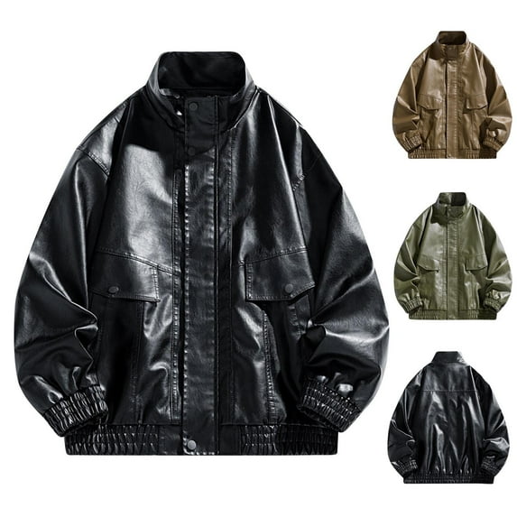 Hinvhai Men Solid Lapel Pu Leather Jacket Zipper Long Sleeve Pockets Loose Casual Motorcycle Coat Coffee XL(XL)