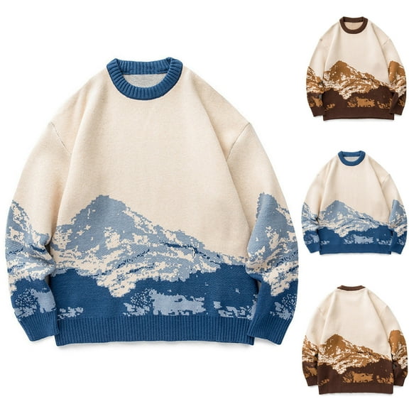 Hinvhai Men Tie-Dye Sweater Casual Round Neck Long Sleeve Knitted Vintage Pullover Sweater Mountain Print Jumper Fashion Tops Coffee XL(XL)