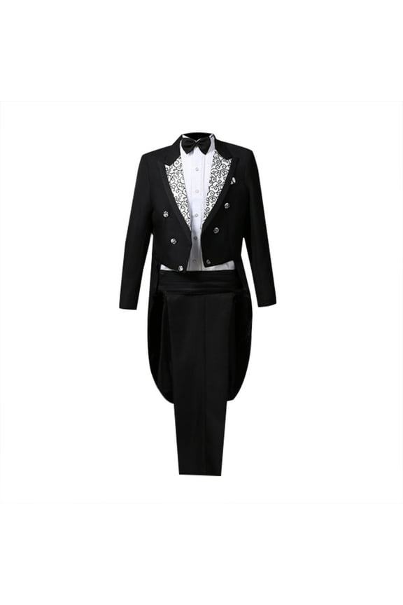 Men formal Magic Show Costume Tailcoat Jacket Tuxedo Suits 4 Piece Chorus Musician Cosplay Adult Suit Elegant Solid Black 4(S)