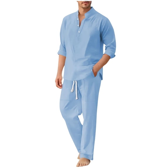 Hinvhai Men's 2 Piece Cotton Sets Casual Long Sleeve Cuban Henley Shirt and Loose Pants Set Beach Vacation Outfits Sky Blue M(M)