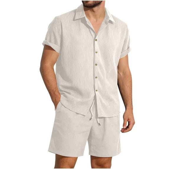 Hinvhai Men's 2 Piece Linen Outfit Short Sleeve Beach Button Down Shirt with Shorts Casual Matching Sets for Men White L(L)