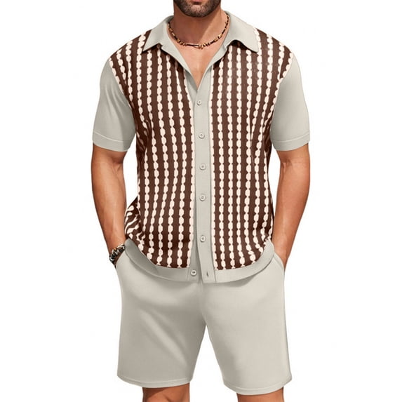 Hinvhai Men's 2 Piece Outfits Summer Short Sets Vintage Knit Button Down Shirt Short Sleeve golf Casual Beach Suits Beige M(M)