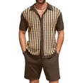 thumbnail image 1 of Hinvhai Men's 2 Piece Outfits Summer Short Sets Vintage Knit Button Down Shirt Short Sleeve golf Casual Beach Suits Brown M(M), 1 of 6