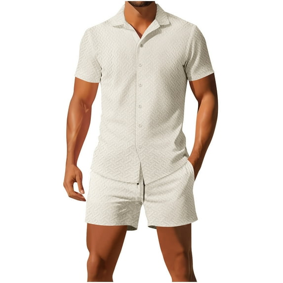 Hinvhai Men's 2 Piece Short Set Cuban Guayabera Shirts Short Sleeve Casual Beach Outfits Set Khaki XXL(XXL)