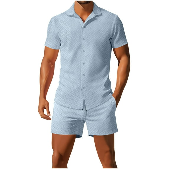 Hinvhai Men's 2 Piece Short Set Cuban Guayabera Shirts Short Sleeve Casual Beach Outfits Set Light Blue XXL(XXL)