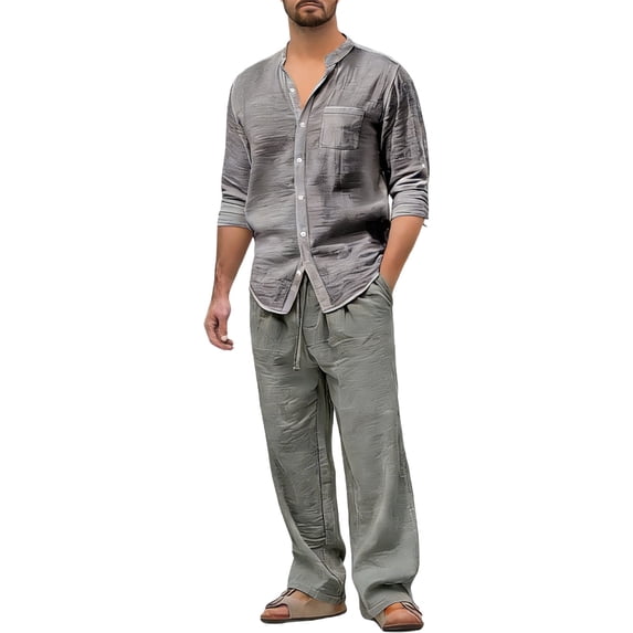 Hinvhai Men's 2 Pieces Cotton Linen Set Long Sleeve Button Down Shirts Drawstring Casual Vacation Beach Pants Summer Yoga Gray L(L)