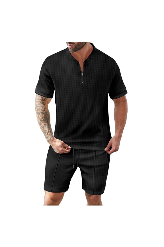 Men's 2 Pieces Outfits Casual Quarter Zip Polo T Shirt and Shorts Set Athletic Jogging Summer Tracksuit Black XXXL(XXXL)