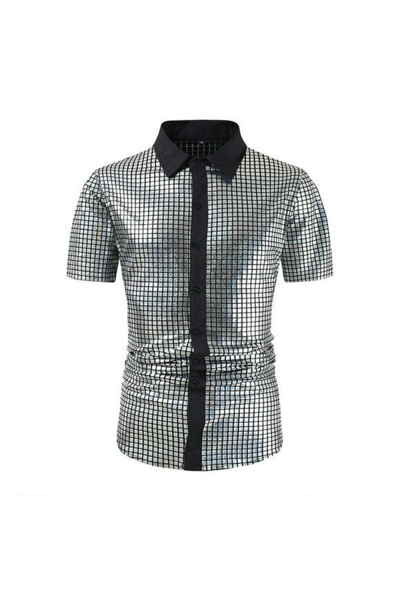 Men's 70s Disco Shirt Sequin Short Sleeve Button Shirt Shiny Party Prom Costume Silver XXL(XXL)