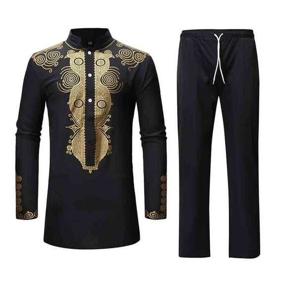 Hinvhai Men's African Attire 2 Piece Set Long Sleeve Gold Foil Printing Dashiki and Pants Outfit Traditional Suit Black 12(XXXL)