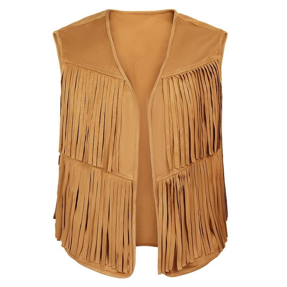 Hinvhai Men's Big and Tall Fringe Hem Sleeveless Vest Jacket 70s Hippie Faux Suede Western Cowboy Vest Waistcoat Khaki L(L)