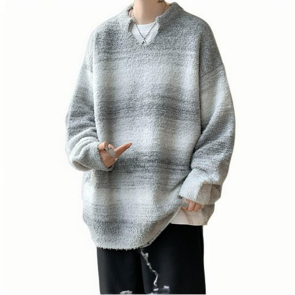 Hinvhai Men's Camouflage Loose V-neck Knitted Sweater Neutral Sweater V-neck Sweater Gray 14(XXXL)