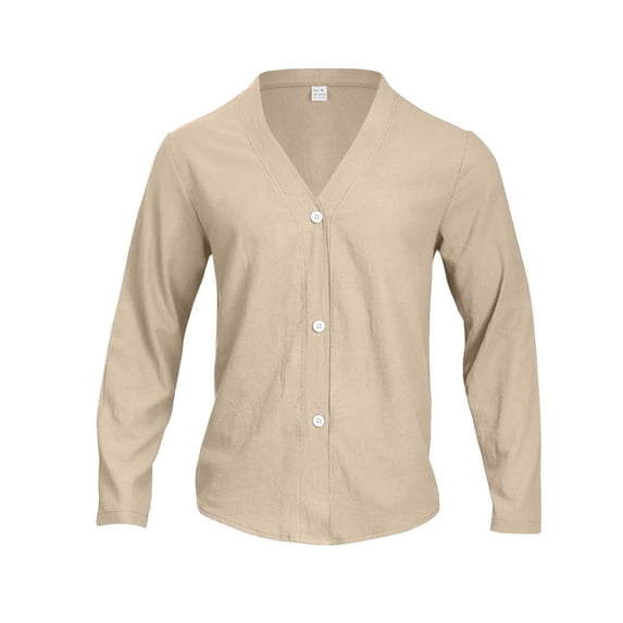 Hinvhai Men's Cardigan linen with Button Lightweight Casual V Neck Long Sleeve Pockets Knitted Sweater Khaki XL(XL)