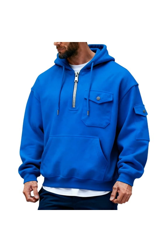 Men's Cargo Hoodie Quarter-Zip Midweight Casual Workwear Tactical Pullover with Pockets Blue XXL(XXL)