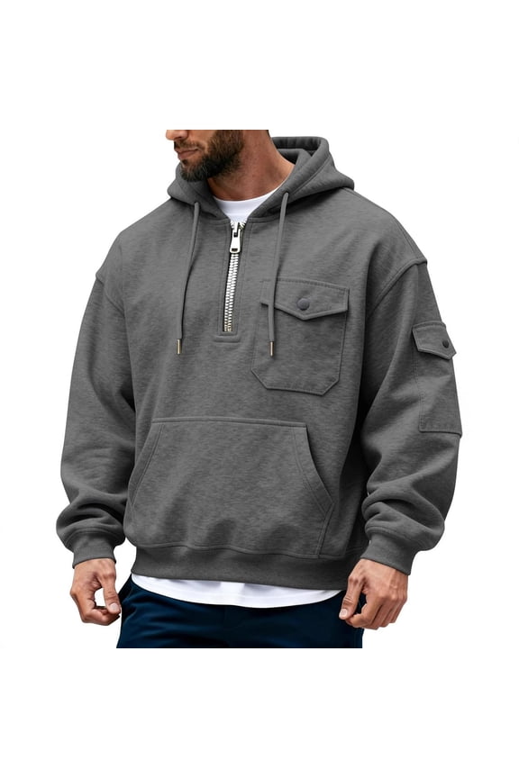 Men's Cargo Hoodie Quarter-Zip Midweight Casual Workwear Tactical Pullover with Pockets Dark Gray M(M)