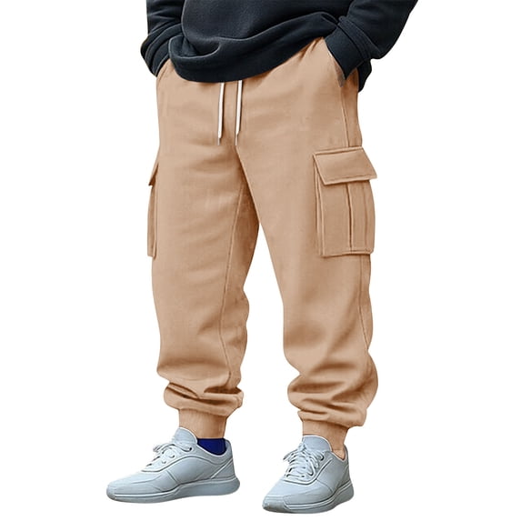 Hinvhai Men's Cargo Pants Causal Workout Joggers Stretch Sweatpants Hiking Drawstring Winter Joggers with Multi Pockets Khaki XXL(XXL)