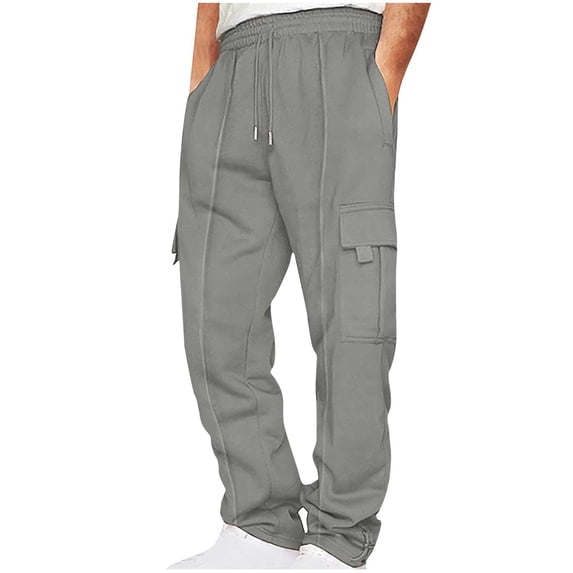 Hinvhai Men's Casual Cargo Pants Workout Joggers Stretch Sweatpants Hiking Drawstring Tactical Pants with Multi Pockets Dark Gray S(S)