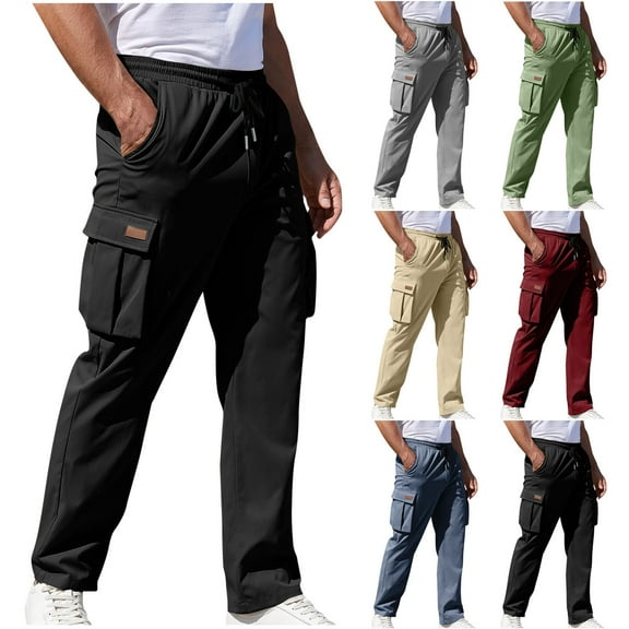 Hinvhai Men's Casual Cargo Sweatpants Waist Drawstring Joggers Tactical Loose Fit Pants for Men with Multi Pockets Wine 10(XL)