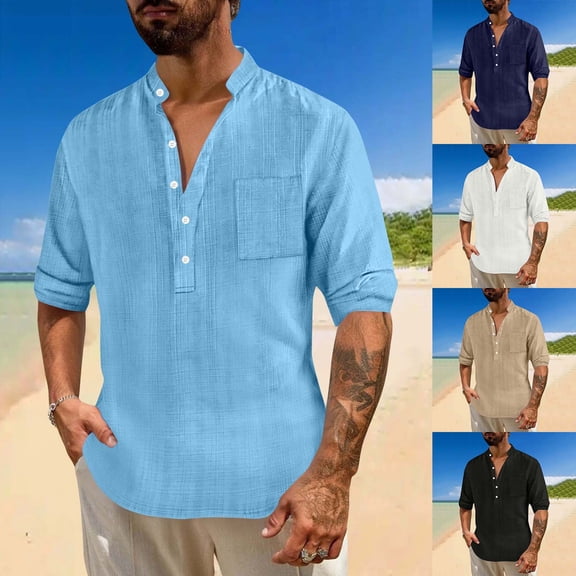 Hinvhai Men's Casual Henley Shirt Long Sleeve Band Collar Shirts Summer Beach Hippie Button T-Shirts White XL(XL)