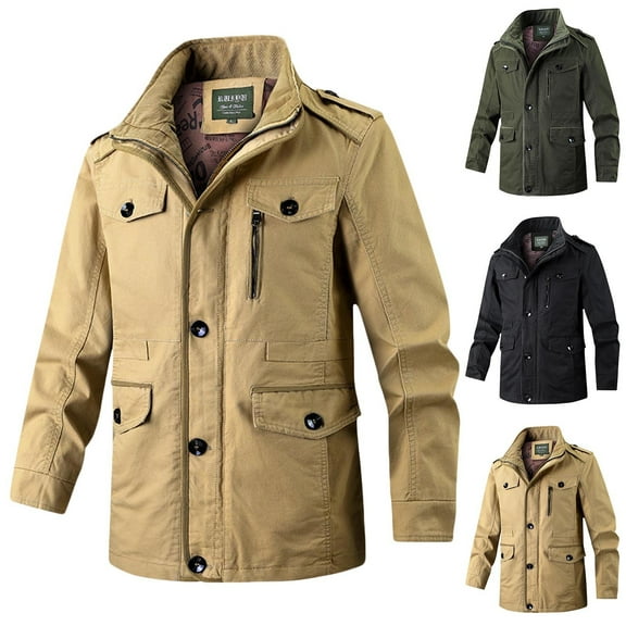 Hinvhai Men's Casual Military Jacket Stand Collar Jackets Coats Cotton Bomber Jackets with Shoulder Straps Khaki 8(XL)