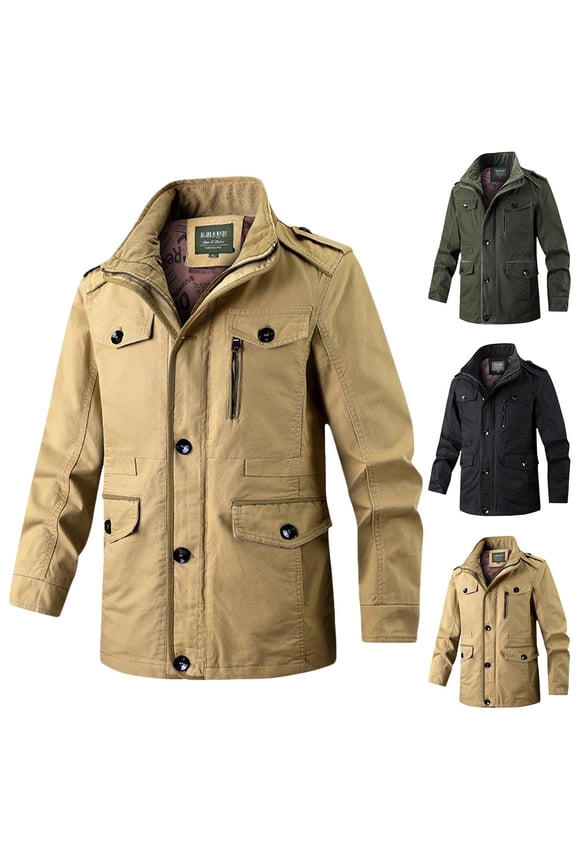 Men's Casual Military Jacket Stand Collar Jackets Coats Cotton Bomber Jackets with Shoulder Straps Khaki 8(XL)