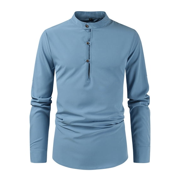Hinvhai Men's Casual Shirt Long Sleeve Mandarin Collar Button-Down Shirt Slim Fit Blue 12(XXXL)