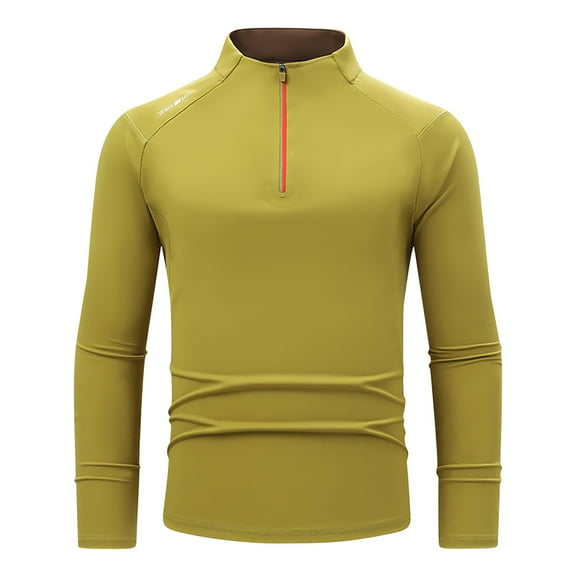 Hinvhai Men's Casual Solid Color Long Sleeved Polos Shirt with Zipper Stand Up Collar All-Matching Basic Tee Top Yellow XXXL(XXXL)