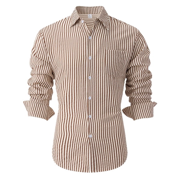 Hinvhai Men's Casual Striped Shirts Button Down Long Sleeve Blouse for Men Fall Winter Brown S(S)