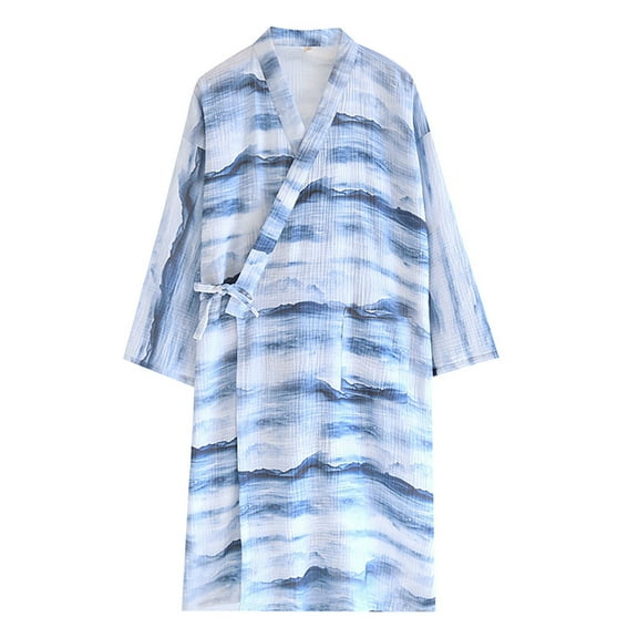 Hinvhai Men's Casual Summer Japanese Style Pocket Long Sleeved V-neck Thin Breathable Strap Home Nightgown Blue XL(XL)