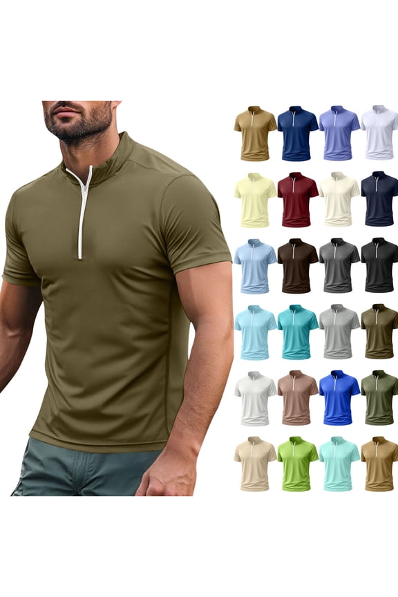 Men's Casual Summer T-Shirt Soft Zipper Stand Collar Short Sleeve Quick-Dry T-Shirts Outdoor Gym Athletic Tee Tops Yellow XL(XL)