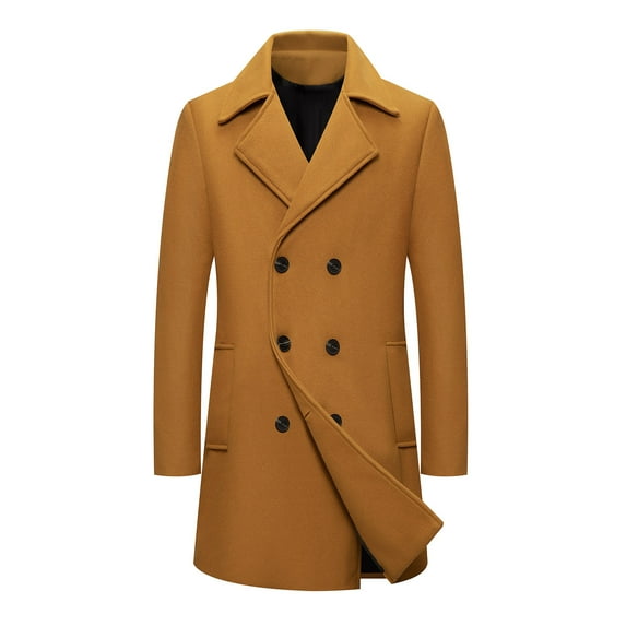 Hinvhai Men's Classic Double Breasted Wool Blend Pea Coat Mid Long Trench Coat Brown M(M)