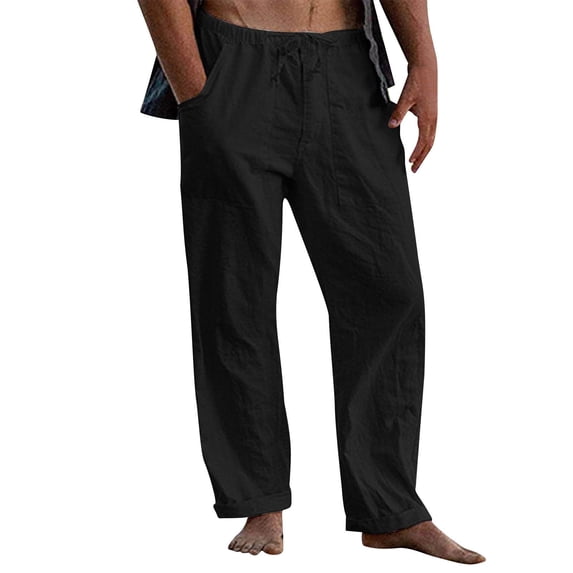 Hinvhai Men's Cotton Linen Pants Elastic Waist Drawstring Casual Trouser Lightweight Straight-Legs Loose Beach Yoga Pants Black