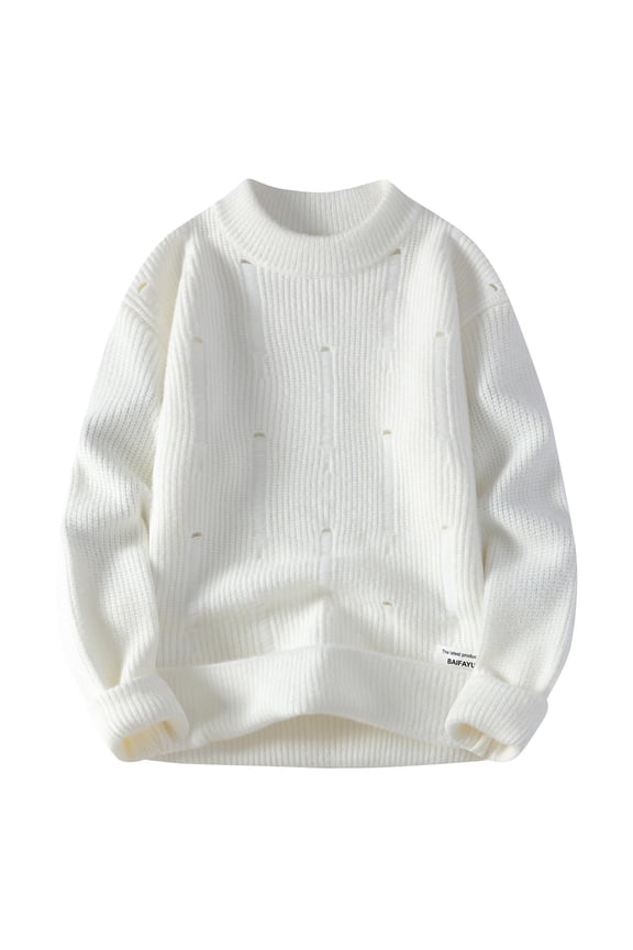 Men's Distressed Contrast Binding Round Neck Sweater Striped Long Sleeve Knit Top White 4(M)